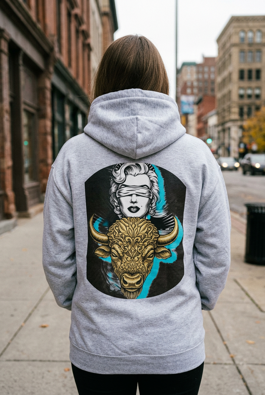 Back graphic close-up on a downtown Buffalo sidewalk