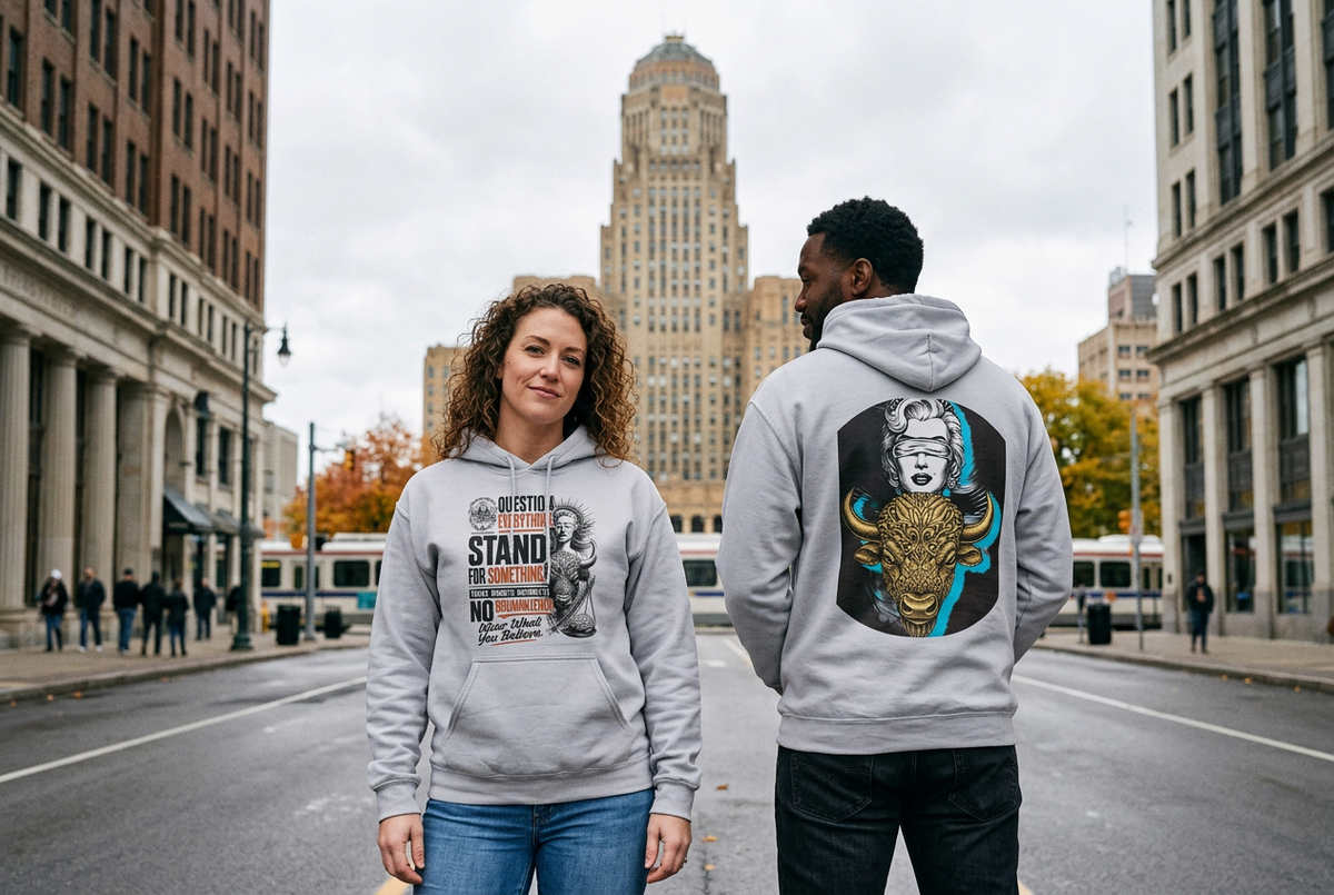 Editorial scene showing the hoodie’s front and back near Buffalo City Hall
